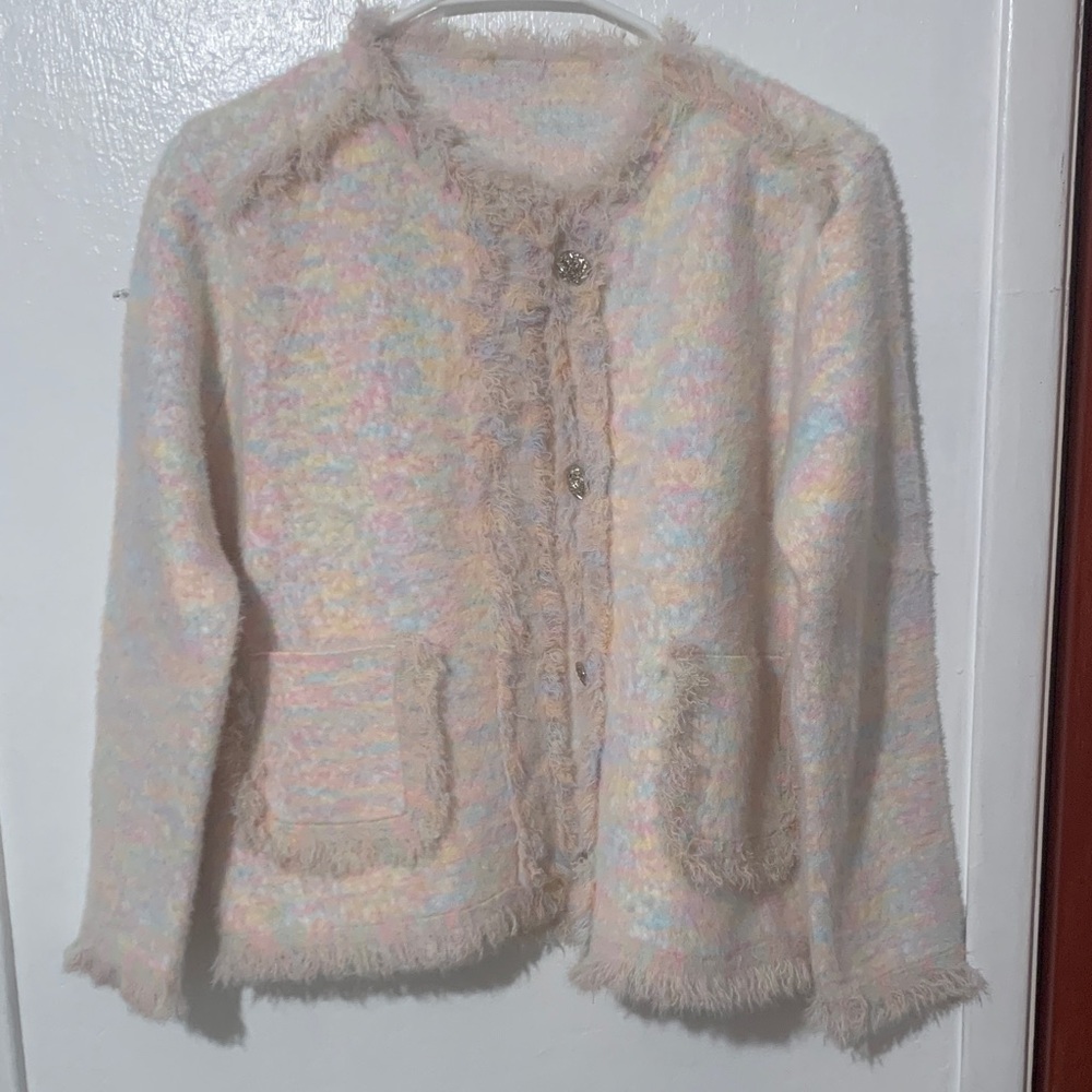 Pastel Fuzzy Cardigan with Button Closure